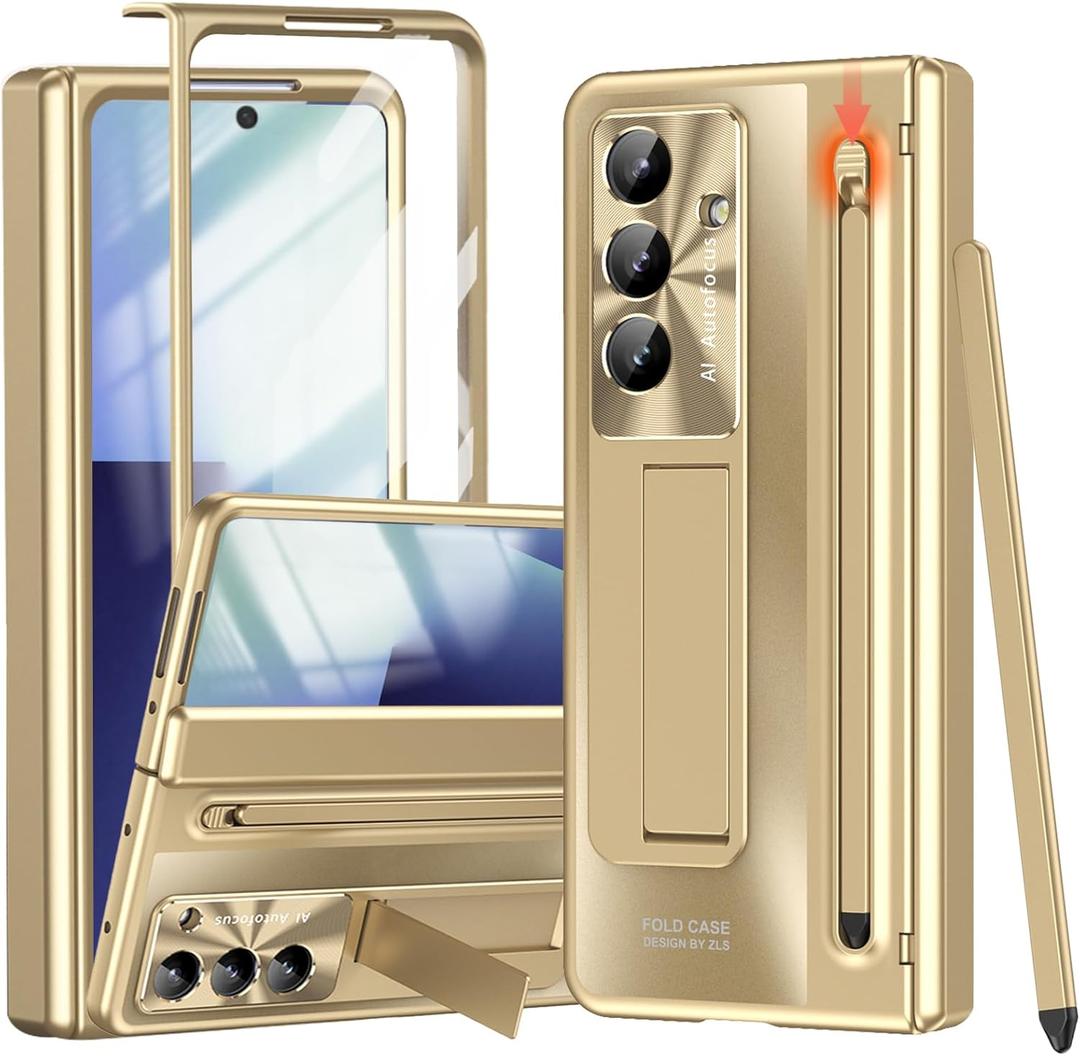 For Samsung Galaxy Z Fold 7 Case with S Pen Holder & Stylus Pen, Z Fold7 Full Coverage Phone Case with Kickstand HD Screen Protector Anti-Scratch Stand Protective Cover for Z Fold 7 Gold
