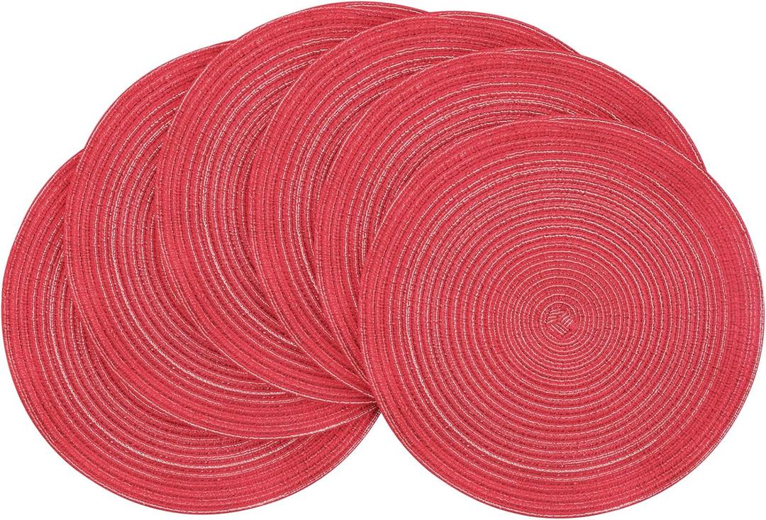 Floroom 15 Inch Round Braided Placemats Set of 6, Washable Heat Resistant Cotton Polyester Circle Place Mats for Kitchen Dining Table - Dark Red