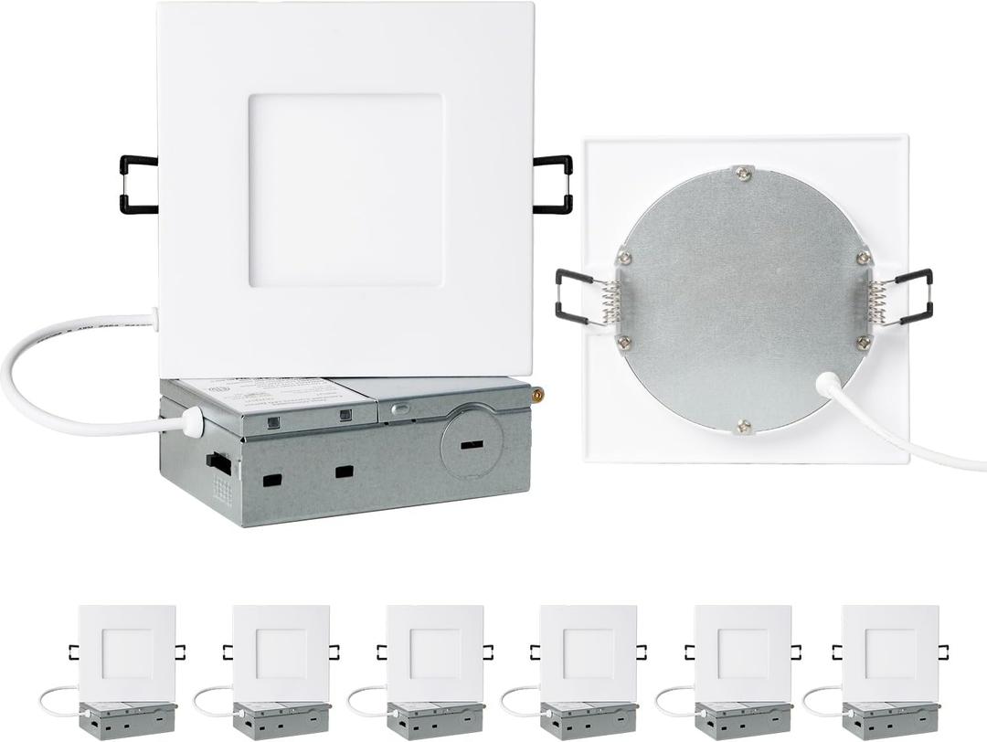 ZYC 4-inch Square Recessed Lighting - Ultra Thin Dimmable Square LED Ceiling Light,5 Color Temperature 2700-5000K Selectable,9W 800LM High Brightness,Canless Wafer Downlight,Pack of 6 White.