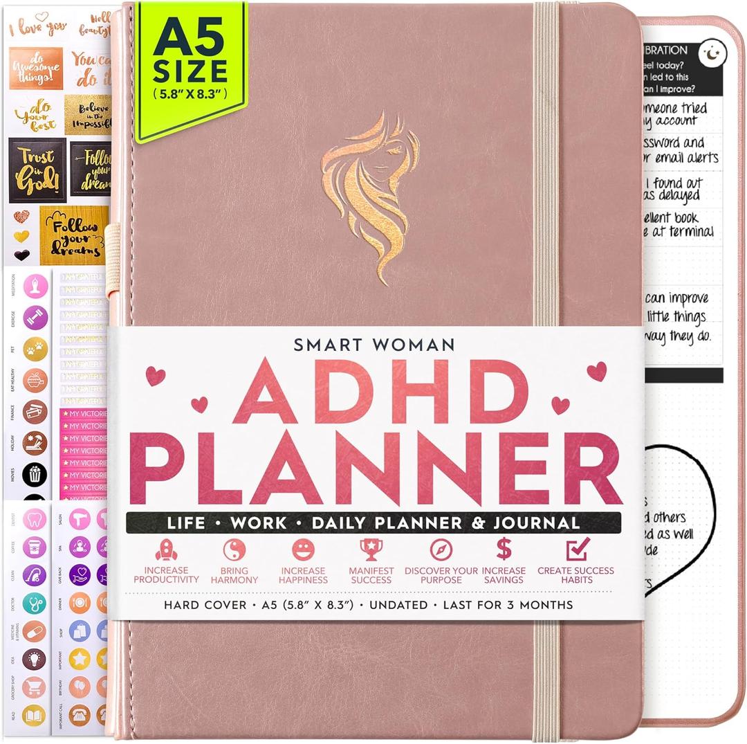 Self Care Journal & ADHD Planner for Adults - 5 Minute Journal, A 90 Days Planner, Creating Your Dream Life, Increase Productivity & Happiness, Vision Board, Guided & Gratitude Journal - Undated (Rose Gold Woman)