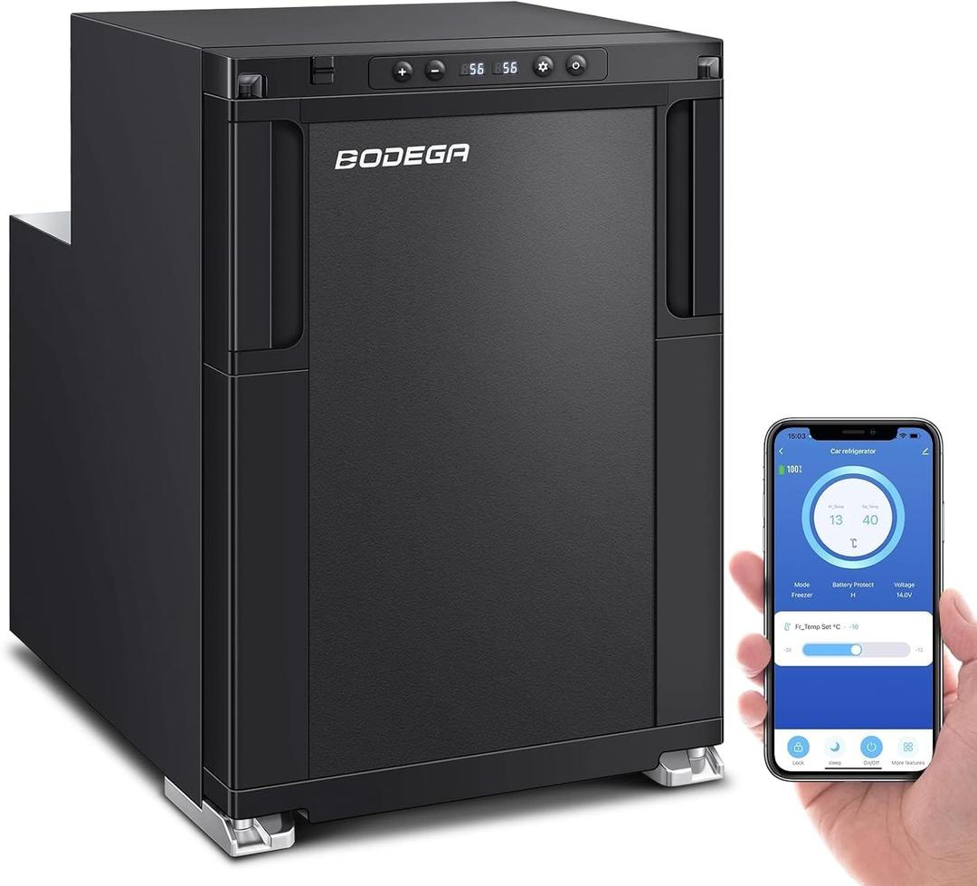 BODEGA [Upgraded 12 Volt Refrigerator, RV Refrigerator APP Control, 45L(1.6cu.ft) RV Fridge and Freezer, Electric Cooler with Lock, (-4-46) Fridge freezer 12/24V DC for Truck, RV, Camping, Travel (Black)
