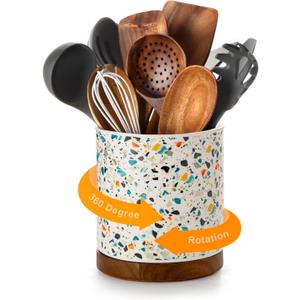 Nucookery 360Rotating Utensil Holder, 7.2" Large Utensil Crock, White Ceramic Cooking Utensil Organizer,Farmhouse Kitchen Decor Christmas Thanksgiving Gift (Marble Pattern)