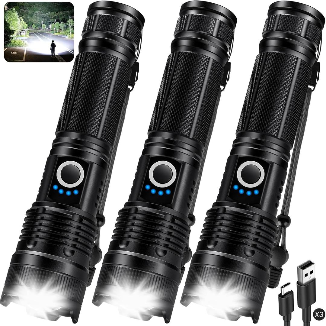 KINGCAESAR 3 Pack Flashlights 90,000 High Lumens - Super Bright Rechargeable Flashlight with 5 Light Modes, IPX7 Waterproof Powerful LED Flash Light for Home, Camping - Black