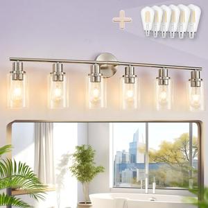 DLLT 6-Light Bathroom Light Fixtures: Nickel Modern Vanity Lights with E26 Bulbs - Clear Glass Shade Bathroom Wall Lamp for Mirror Kitchen Living Room Hallway Cabinet Porch