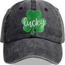 SHANVANKE Unisex St Patricks Day Hat, Distressed Adjustable Embroidered Cotton Denim Luck of The Irish Baseball Cap (Black)