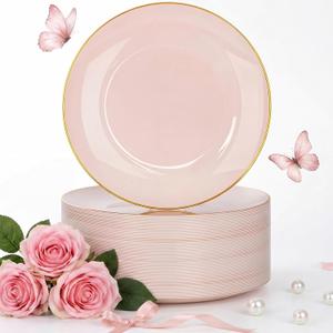Nervure 100PCS Pink and Gold Plastic Plates - 10.25 inch Pink Disposable Plates with Gold Rim - Party Plate - Dinner Plate Ideal for Wedding & Party & Mother's Day