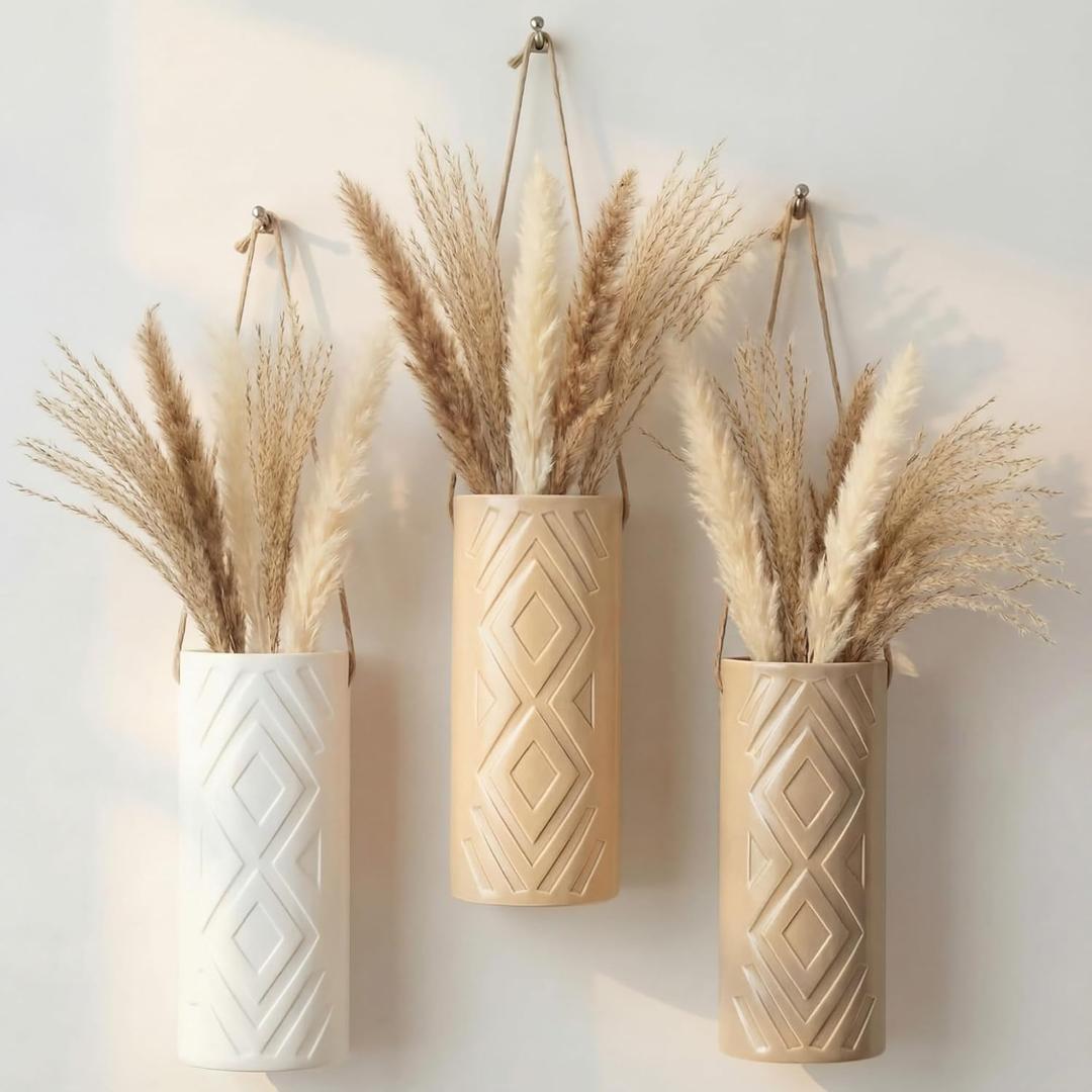Ceramic Boho Wall Vases Set of 3, 7.9 Inch Modern Hanging Vase for Living Room Bedroom, Farmhouse Art Wall Decor Geometric Minimalist Hanging Flower Vase, Women