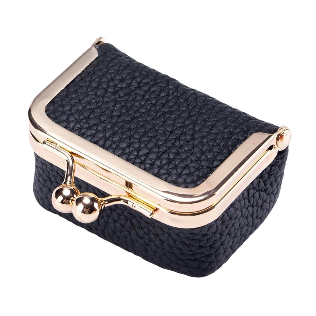 Mini Jewelry Box, Portable Vintage-Inspired Genuine Leather Coin Purse Jewelry Case with Kiss Lock, Mini Travel Ring Box for Women for Earring/Ring/Necklace/Bracelet(Black)