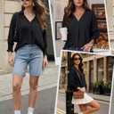 Cuffbow Women Blouses Dressy Casual V Neck 3/4 Length Sleeve Tops Business Work Blouses Office Tunic Shirt with Smocked Cuffs(Black,Medium) (Black, M)
