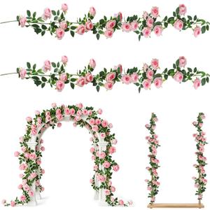 2 Pcs Artificial Rose Garland, 12FT Fake Flower Vines with 21 Flowers, Hanging Silk Rose Garlands for Wedding Arch, Party, Home, Garden, Wall Decor (Pink)
