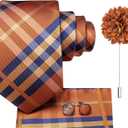 Hi-Tie Men Silk Ties Set with Flower Lapel Pin Necktie Pocket Square Cufflinks for Tuxedo Wedding Business