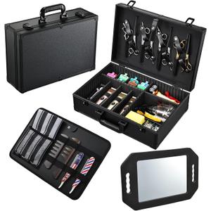 Barber Accessory Case with Mirror, Profesional Barbers Briefcase Tool Case, Barber Cases for Clippers and Supplies, Hair Scissors Trimmer Organizer, Salon Grooming Hard Travel Suitcase