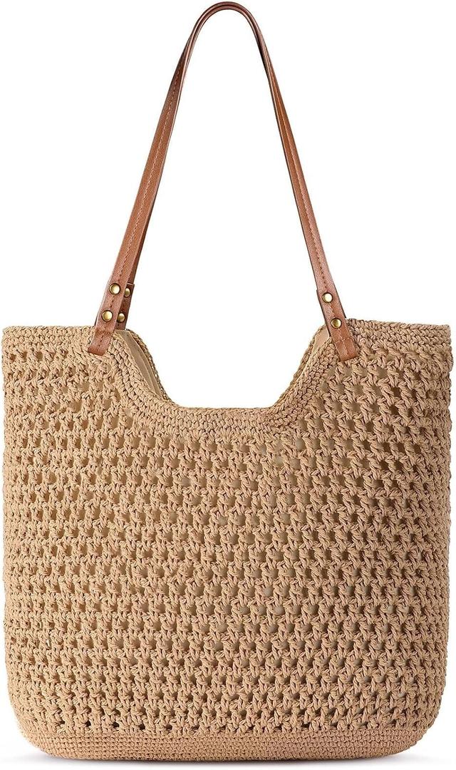 Pleneal Crochet Beach Bags for Women, Summer Beach Tote Bag, Soft Woven Purses Shoulder Bag for Vacation (Khaki)