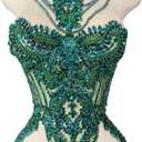 Handmade Crystal on lace Applique Sewing Rhinestones Fringe Beads Sequins Patches Trim Luxury Decoration Accessories for Wedding Dress 15X23.6inches (Deep green)