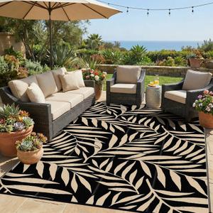 Smiry Outdoor Rug 9x12 ft, Waterproof Reversible Plastic Straw Rugs, Outdoor Area Rug with Leaf Pattern, Outside Floor Mat for Patio, Backyard, Deck, Picnic, Beach, Camping, Black & Beige