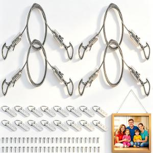 2 x 4 Pcs Adjustable Picture Hanging Wire Kit, 3.48FT Stainless Steel Heavy Duty 66lbs (30kg) Rope 1.5mm with Spring Snap Hooks, Tool Free for Mirrors, Frames, Canvas, Wall Art