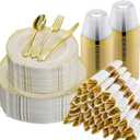 Bestluck 350PCS Ivory Plastic Plates for 50 Guests, Disposable Dinnerware Sets Include 100 Gold Rim Plastic Plates, 50 Silverwares, 50 Cups, and 50 Pre Rolled Napkins for Party, Wedding, Graduation