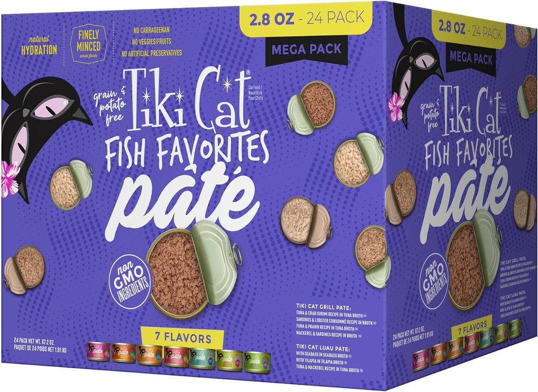Tiki Cat Fish Favorite Pate, Ultimate Variety Pack, 24 Servings of 7 Delicious Recipes, Wet Cat Food Mega Pack, 2.8 oz. Can (24 Count), BB August 2028