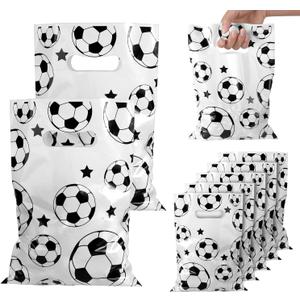 PEUTIER 50pcs Soccer Gift Bags, Plastic Soccer Party Bags Soccer Goodie Goody Snack Treat Candy Bags Soccer Present Party Favor Bags for Team Kids Teens Games Sports Events Supplies (White)