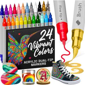 ARTISTRO 24 Dual Tip Acrylic Paint Markers, Acrylic Paint Pens, Fabric Markers for Textile, Rock, Glass, Wood, Paper, Ceramic, Canvas DIY Art Supplies Kit for Kids and Adults (Dual Tip Dot + Fine, 24)