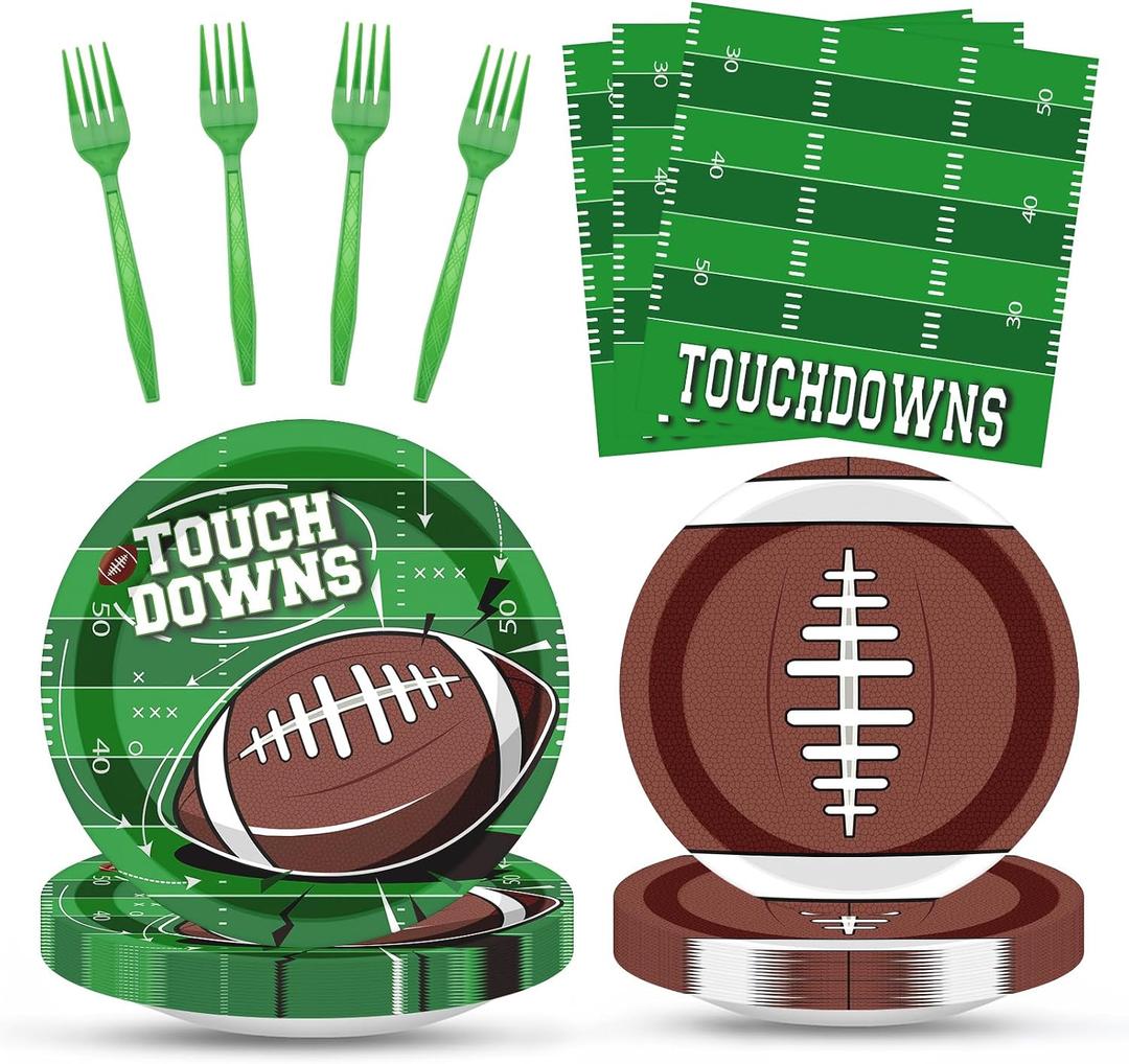 96 Pcs Football Party Decorations Tableware Set Football Theme Disposable Dessert Plates Napkins Forks for Table Supplies Favors for Gameday Tailgate Party Serve 24 Guests