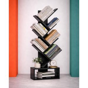 XBurmo 6 Tier Tree Bookshelf - Small Bookcase, Compact Book Tower with Drawer, Corner Bookshelf for Bedroom, Living Room and Home Office Storage, Black