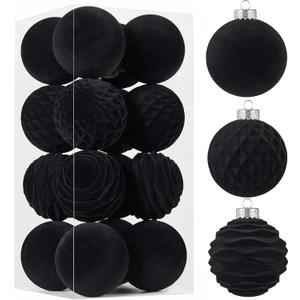 16pcs Velvet Christmas Ball Ornaments -Flocked Shatterproof Christmas Tree Decorations Plastic Xmas Decorative Hanging Ornaments for Xmas Holiday Home Decor,3 Style(Black, 3.15inch)