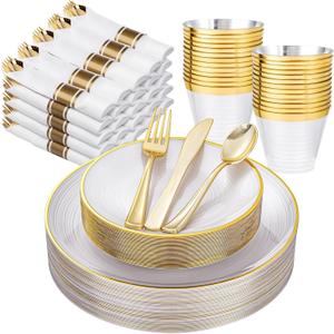 Morejoy 175PCS Pearl White and Gold Plastic Plates - Disposable Gold Party Plates & Pre Rolled Napkins with Cutlery for 25 Guests, 50Plates, 75Silverware, 25Cups, 25Napkin for Party &Wedding