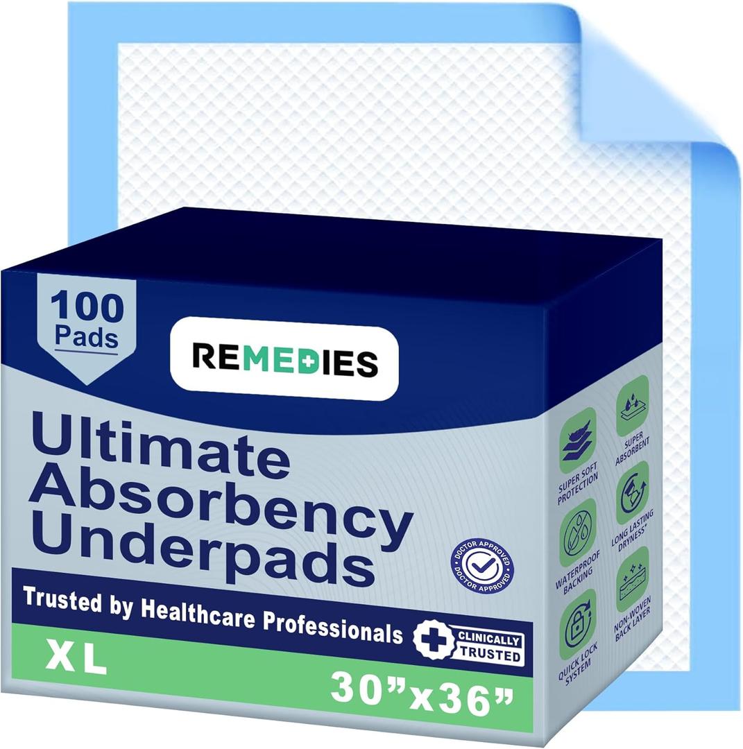 Remedies - Disposable Bed Pads 30" x 36" - 100 Count - Large Bed Pads for Incontinence - Seniors, Adults & Kids Chucks Pads - Adult Absorbent Incontinence Disposable Underpads for Beds & Furniture