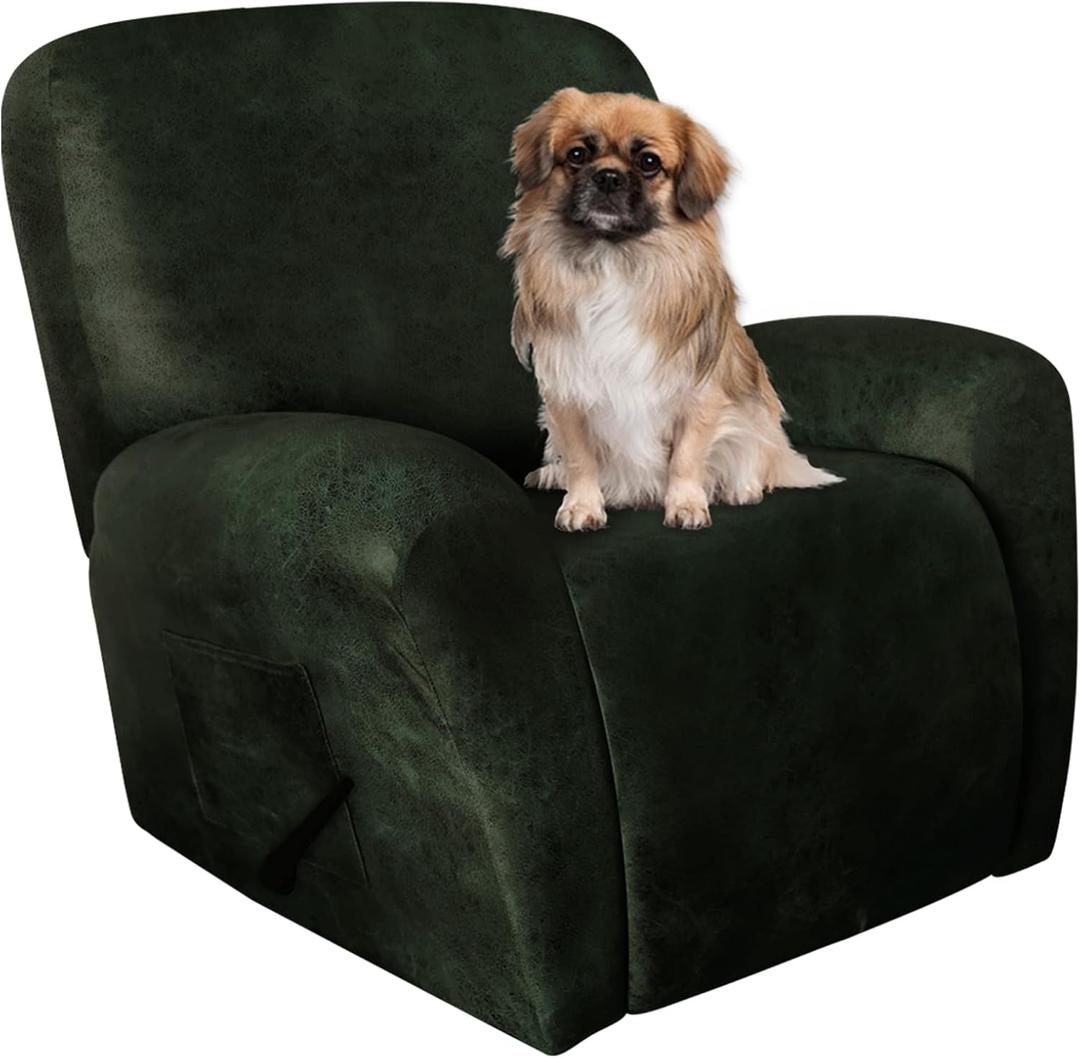 Recliner Chair Covers Leather Like, 4 Pieces Lazy Boy Recliner Cover for Recliner Chair, Soft Sofa Slipcover Furniture Protector Washable Sofa Cover for Pets Kids(Dark Army Green) (1 Seater)