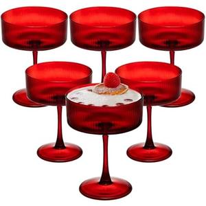 Martini Glasses Set of 6,Vintage Champagne Cocktails Glasses,10.5 Ounces Large Red Ribbed Coupe Drinking Wine Glasses Goblet,Margarita Glasses for Bar,Dessert,Cocktail Glassware Gift Set Luxury