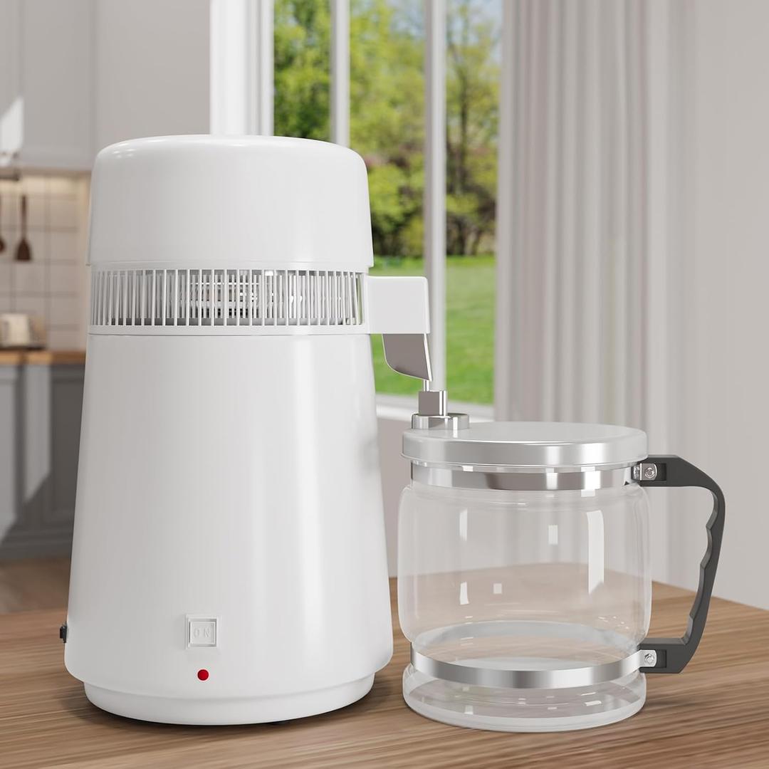 Garvee 1.1 Gallon Water Distiller 750W Home Water Purifier with Glass Jug Drinking Water Purification Filter Set Produces Water with 2ppm Purity Ideal for Home and Office Use - White