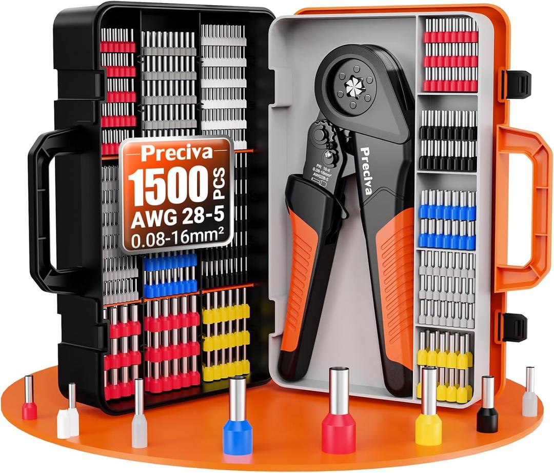 Preciva Ferrule Crimping Tool Kit with 1500PCS Wire Connectors, Hexagonal Crimping Pliers for AWG 28-5 Crimper Adjustable Ratcheting Wire Crimping Tool