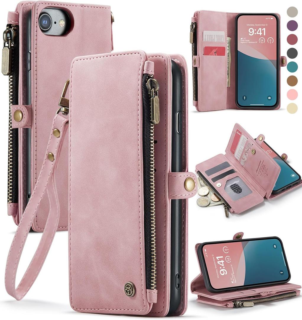 Defencase Compatible with iPhone SE 2020 2022 Case Wallet with RFID Blocking Card Holder for Women Men, PU Leather Magnetic Snap Flip Zipper Strap Wallet Phone Case Fit for iPhone SE/7/8, Rose Pink