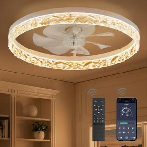 LEDIARY 20 Inch Low Profile Ceiling Fans with Lights and Remote, Dimmable Modern Fan Light(3000K6000K), 6 Speed, Reversible, APP & Remote Control, Flush Mount Ceiling Fan for Bedroom, White