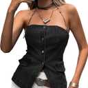Cicy Bell Womens Strapless Denim Vest Summer Button Down Jean Tube Tops Y2k Going Out Fitted Bandeau Shirts Waistcoat