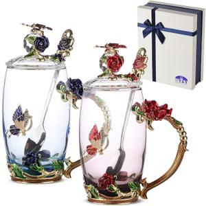 BTaT- Fancy Tea Cups with Lids, Pack of 2, Glass Tea Cup Gift, Gifts for Women, Blown Glass, TeaCup,