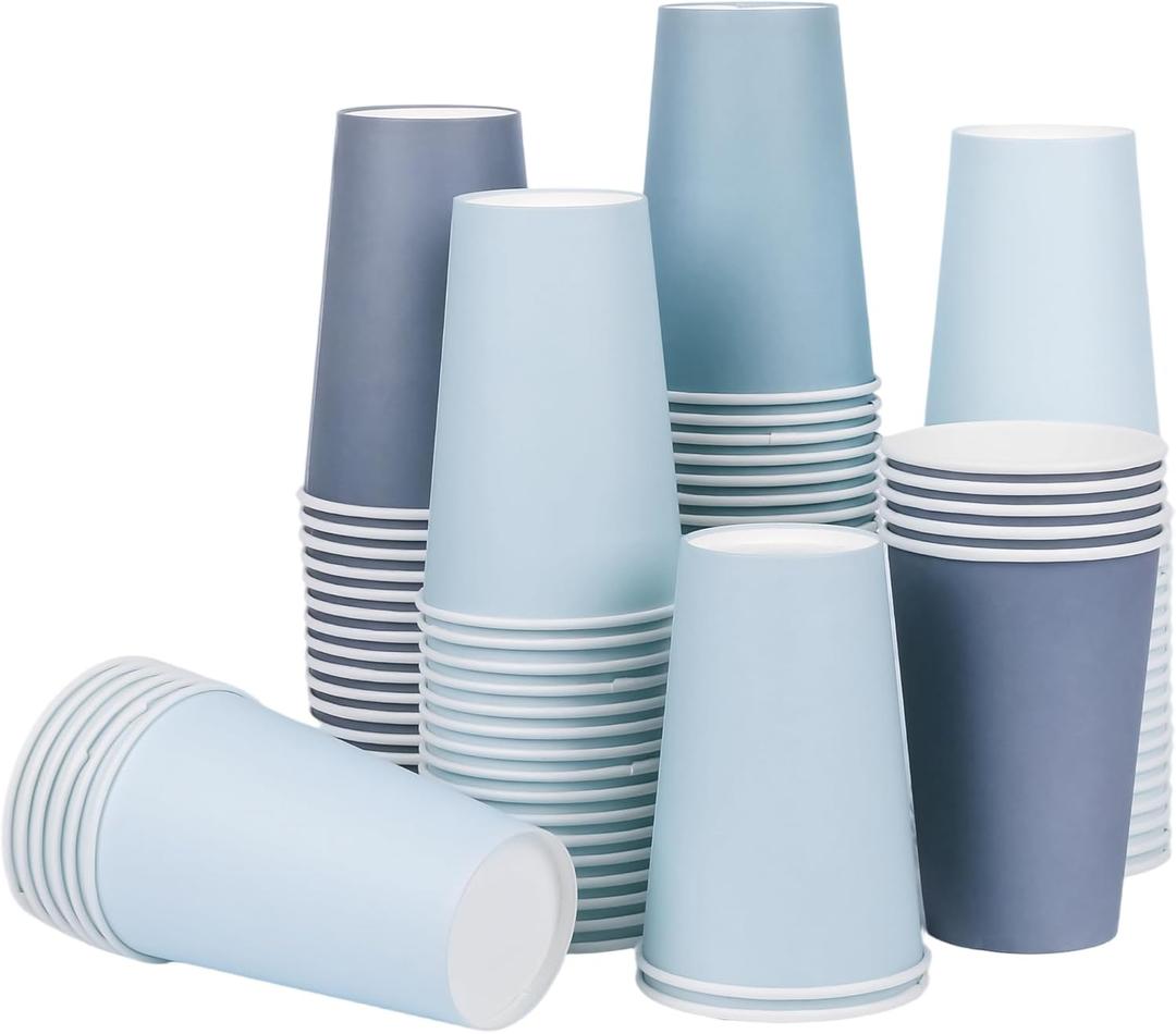 100Pcs Dusty Blue Paper Cups 12oz Gradient Blue Party Cups Birthday Bridal Baby Shower Disposable Drinking Cups for Hot Cold Drinks Beverage Coffee Wedding Christmas Party Supplies