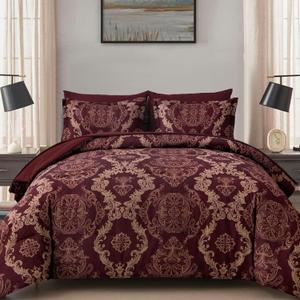 WONGS BEDDING Burgundy Comforter Set Queen Size, Maroon Damask Texture 7 Pieces Bed in a Bag Microfiber Comforter Bedding Sets -1 Comforter, 1 Flat Sheet, 1 Fitted Sheet, 2 Pillow Shams, 2 Pillowcases