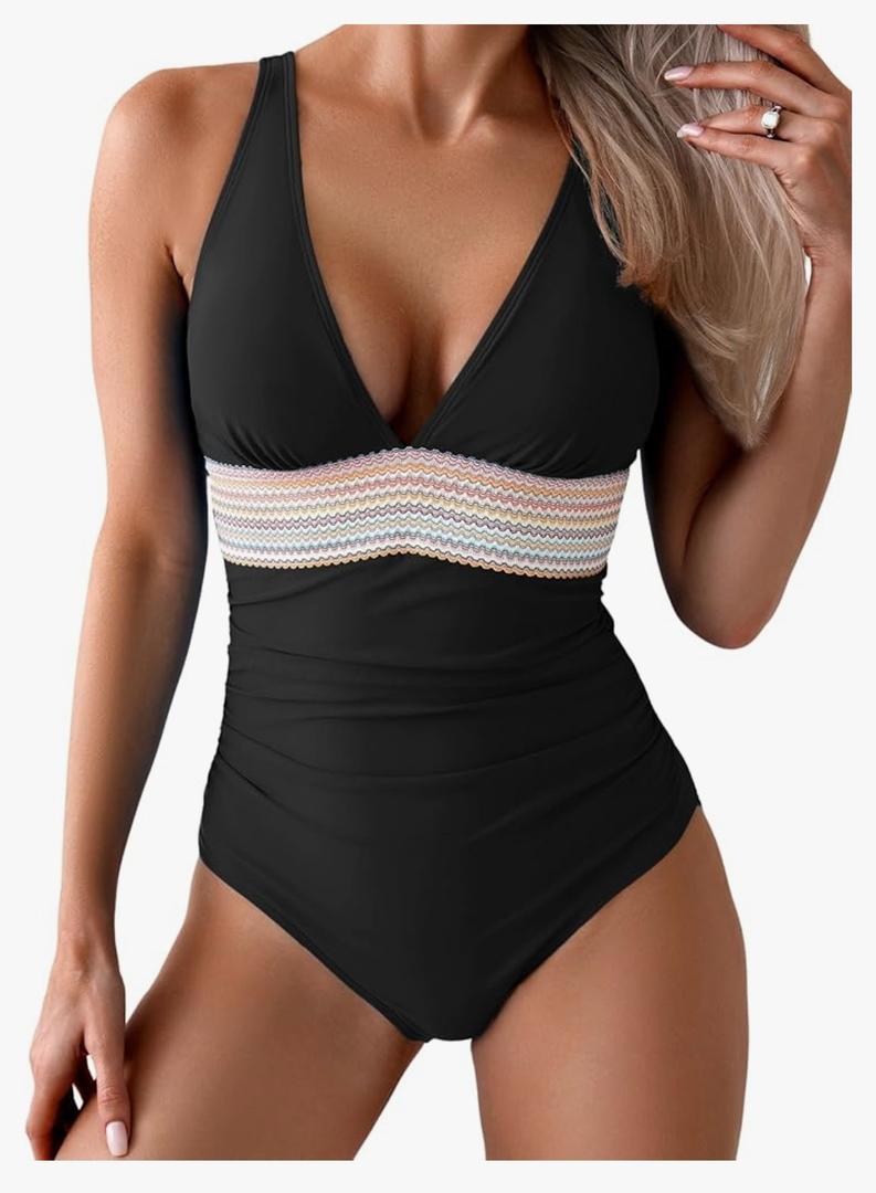 One Piece Swimsuit for Women Tummy Control V Neck Ruched Bathing Suit Swimwear, Size S