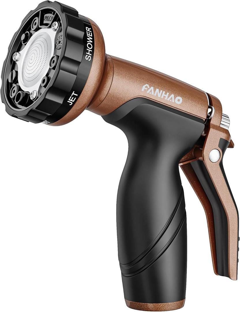 FANHAO Metal Garden Hose Nozzle, Heavy Duty Water Hose Sprayer with 6 Spray Patterns, High Pressure Water Hose Nozzle with Rear Trigger, Ideal for Outdoor Lawn & Plant Watering, Car & Pet Washing (Brown)