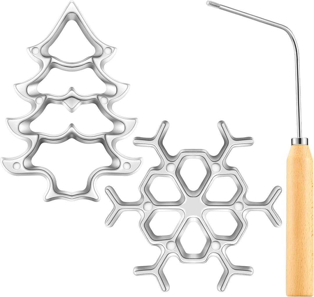 Teenyyou 3 Pcs Bunuelos Mold with Wooden Handle Snowflakes Christmas Tree Rosette Iron Molds Aluminum Cast Cookie Cutter Maker for Waffle Achappam Christmas Party Deserts Baking Cooking