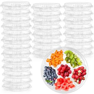 Lawei 30 Pack Plastic Appetizer Tray with Clear Lid, Stackable Round Serving Party Tray, 12 In Banquet Catering Fruit Vegetable Trays, Reusable 6 Divided Food Snack Dip Platter for Outdoor Buffet