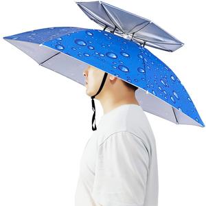 Umbrella Hat, 37 inch Fishing Umbrella Hat Hands Free Foldable UV Protection Umbrella Cap Adjustable Headwear for Fishing Golf Camping Beach Gardening Sunshade Outdoor (Water Drop Blue/Double Layer)