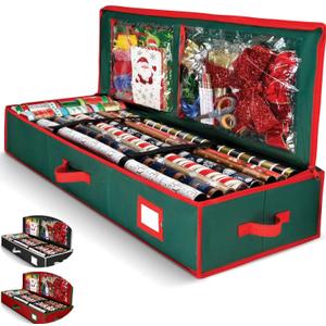 Premium Wrapping Paper Organizer Storage | Gift Wrap Holder With Extra Pockets for Christmas Decorations, Reinforced Handles, Heavy Duty, Ultra-Durable, Tear-Proof Fabric - Fits Up to 27 Rolls (Green)