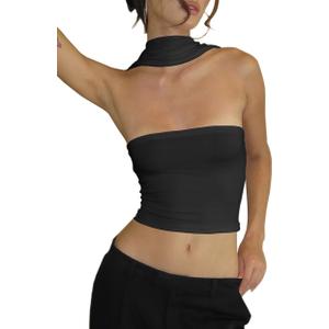 Women's Sexy Halter Tube Tank Crop Tops Strapless Slim Fitted Y2k Bandeau Top Off Shoulder Basic Cami Shirts (Black) Small