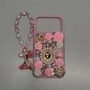 Changjia for iPhone 17 Pro Max Glitter Bling Case,Cute Luxury 3D Sparkle Queen Crystal Rhinestones Flowers Diamond Pearl Gems with Lanyard Wrist Strap Women Girls Phone Case for iPhone 17 Pro Max,Pink