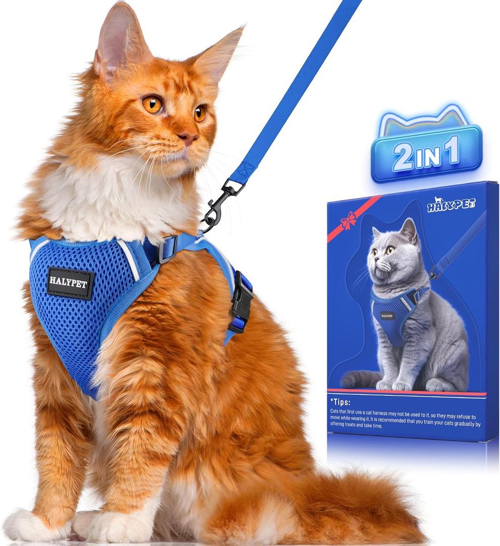 Halypet Cat Harness and Leash Set [ MAX Safety 3rd Gen ] Escape Proof Cat Harness Soft Adjustable Cat Leash Breathable Comfortable Vest Easy to Wear Kitten Harness for Outdoor Walking, M Blue