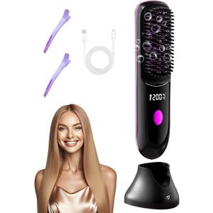 Go Brush Pro Hair Straightener  Cordless Comb with Base Negative Ion, 6000mAh Fast Heating & Portable Travel Design, Rechargeable Brush for Straightening and Curling (Black-1Pcs)