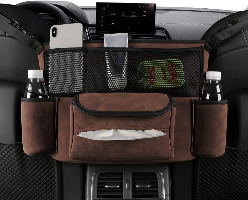 JEYODA Car Handbag Holder Between Seats Suede Large Capacity Car Purse Holder Automotive Consoles & Organizers for Document Phone Storage Car Organizer (1925-style 2 brown)